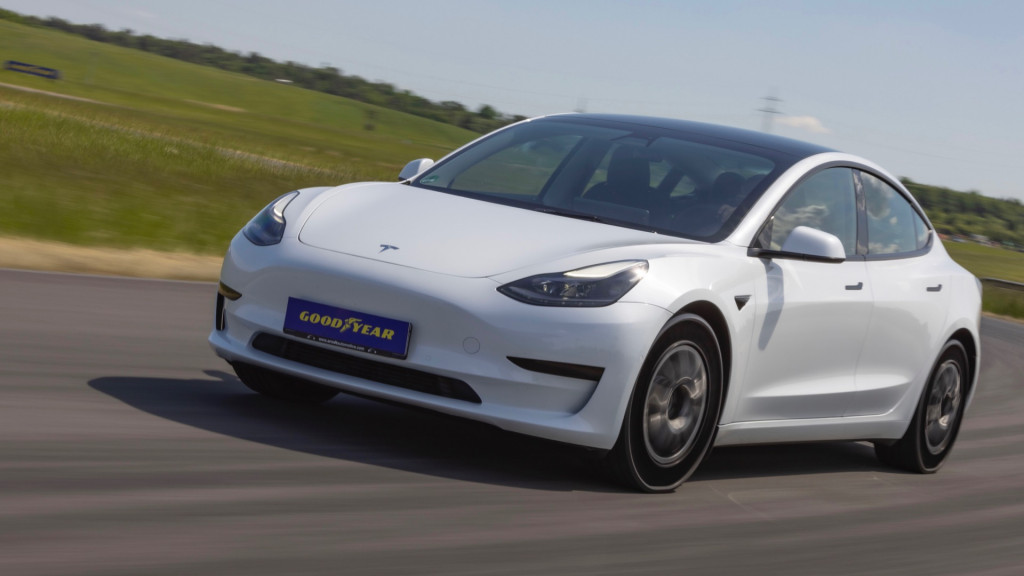 Tesla Model 3 with prototype Goodyear airless tires